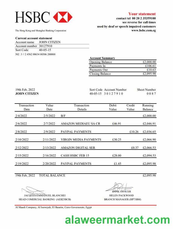 Egypt HSBC bank statement